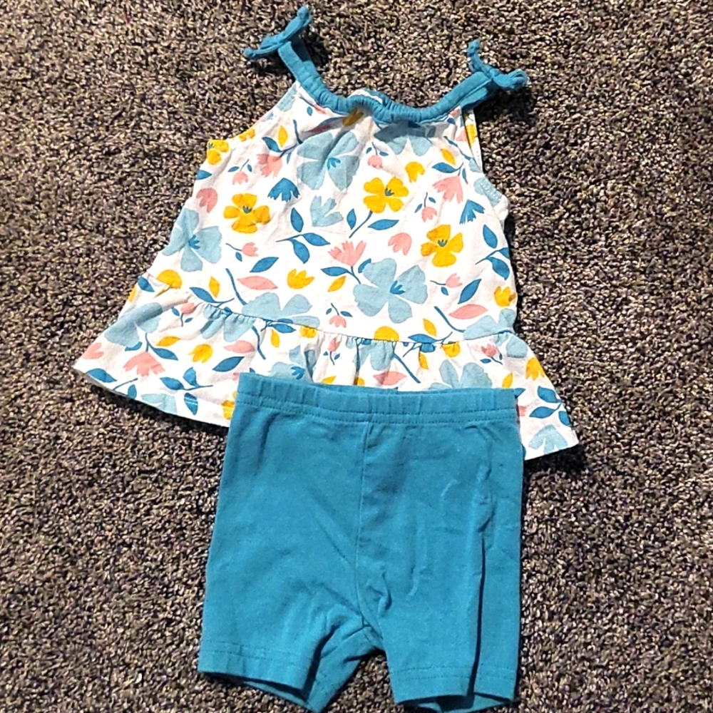 Child of Mine 3-6 month turquoise floral outfit with top and matching bike short